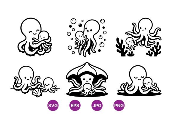 Charming Mom and Baby Octopus for Embroidery
